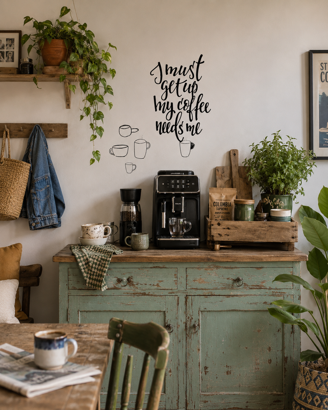 I Must Get Up My Coffee Needs Me removable wall decal displayed above a coffee station in a cosy farmhouse-style kitchen
