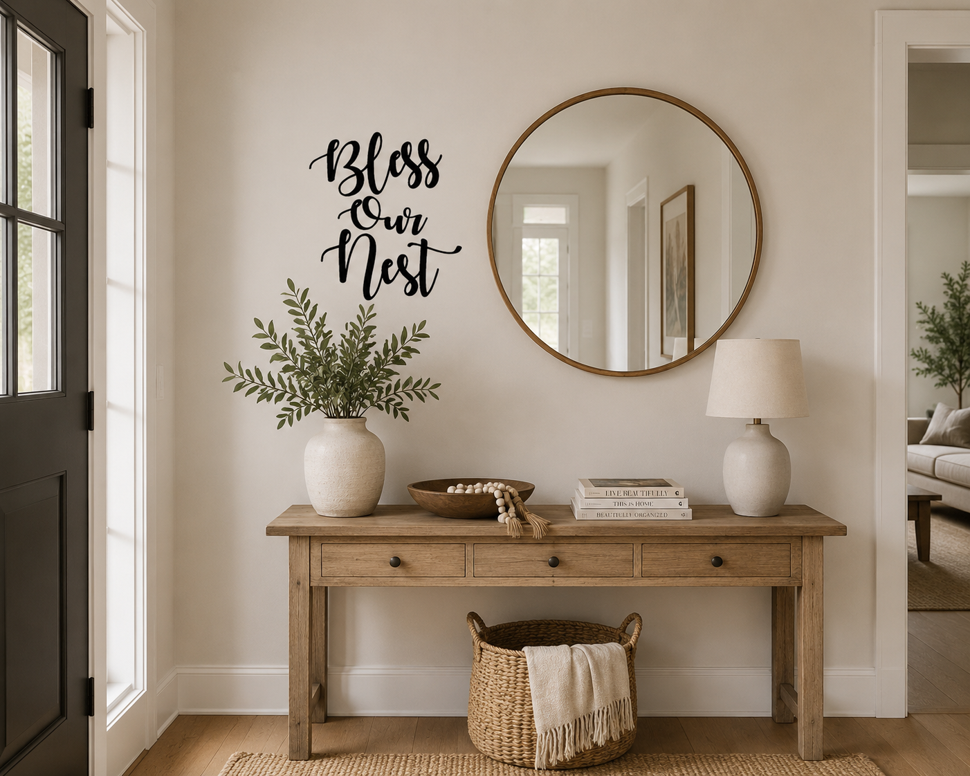 Bless Our Nest removable wall decal displayed on a kitchen wall beside a bench top with a vase of wild flowers and farmhouse décor.