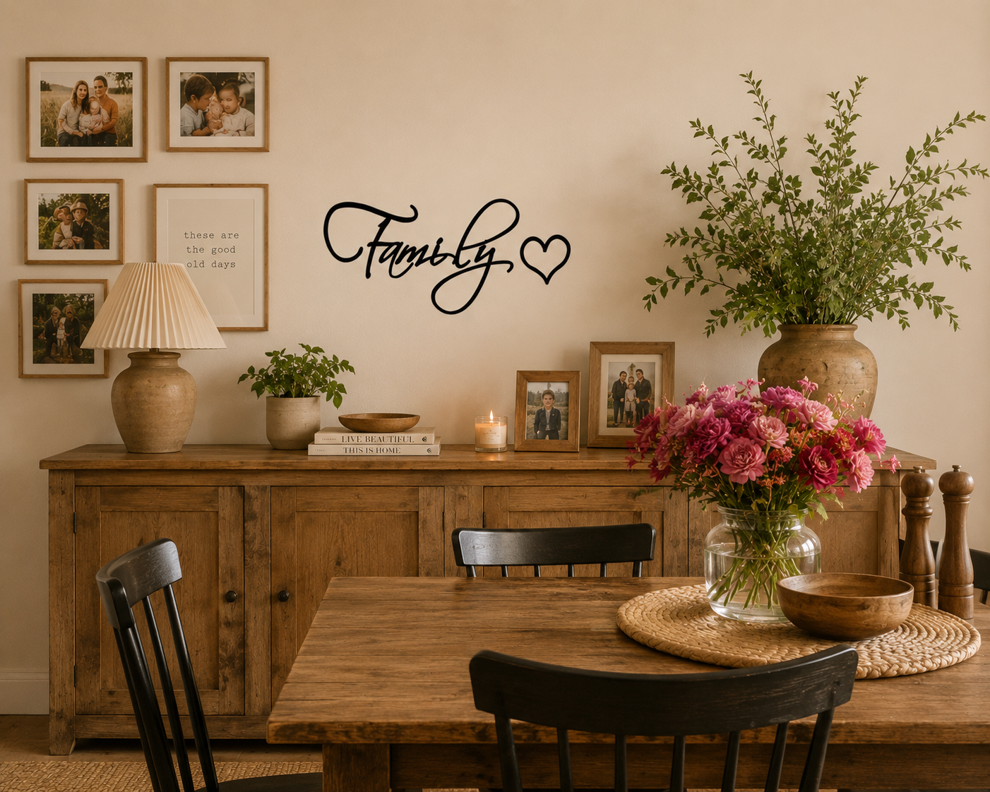 Family & Heart removable wall decal displayed on a dining room wall surrounded by family photo frames and modern home décor.