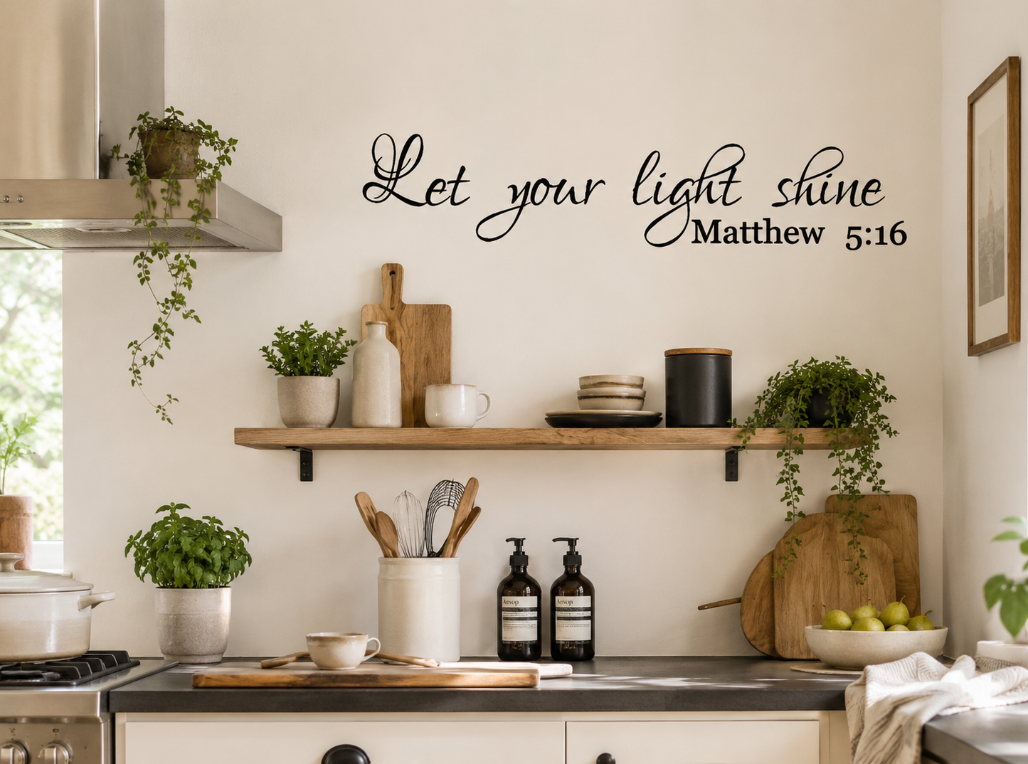 Let Your Light Shine Matthew 5:16 removable black vinyl wall decal displayed in a warm neutral living room with wooden furniture and relaxed modern décor.