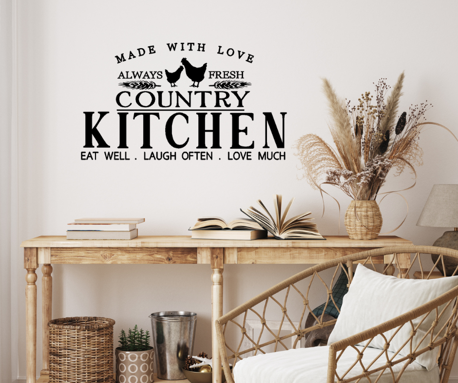 Country Kitchen wall decal made with love designed for farm house barn house kitchens and dining area. Wall Quote vinyl decals Two Little Giggles.