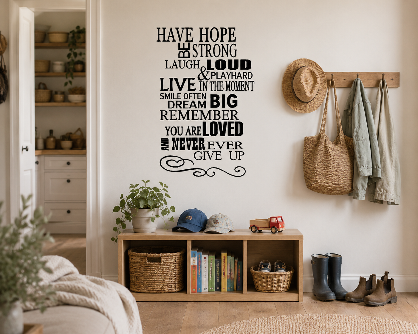 Inspirational black quote wall decal reading “Have Hope, Be Strong, Dream Big” displayed in a warm Scandinavian family hallway with wooden furniture, baskets, coats and children’s decor.