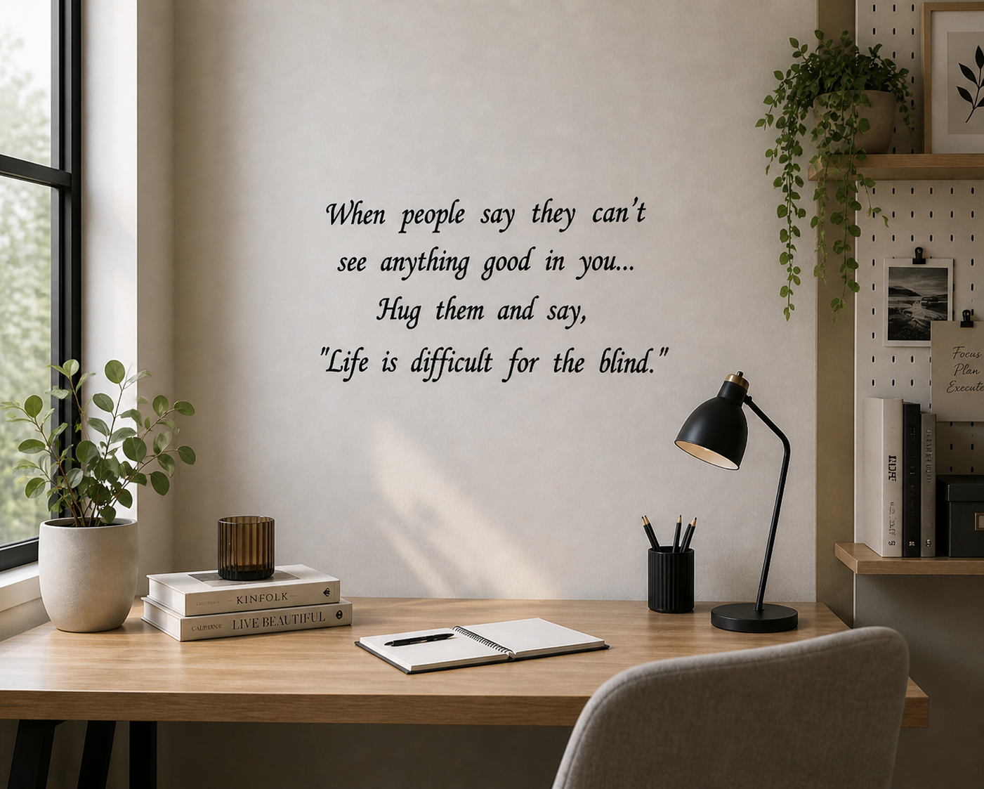 life is difficult for the blind motivational wall decal in script font on modern office wall vinyl decal 70x40cm
