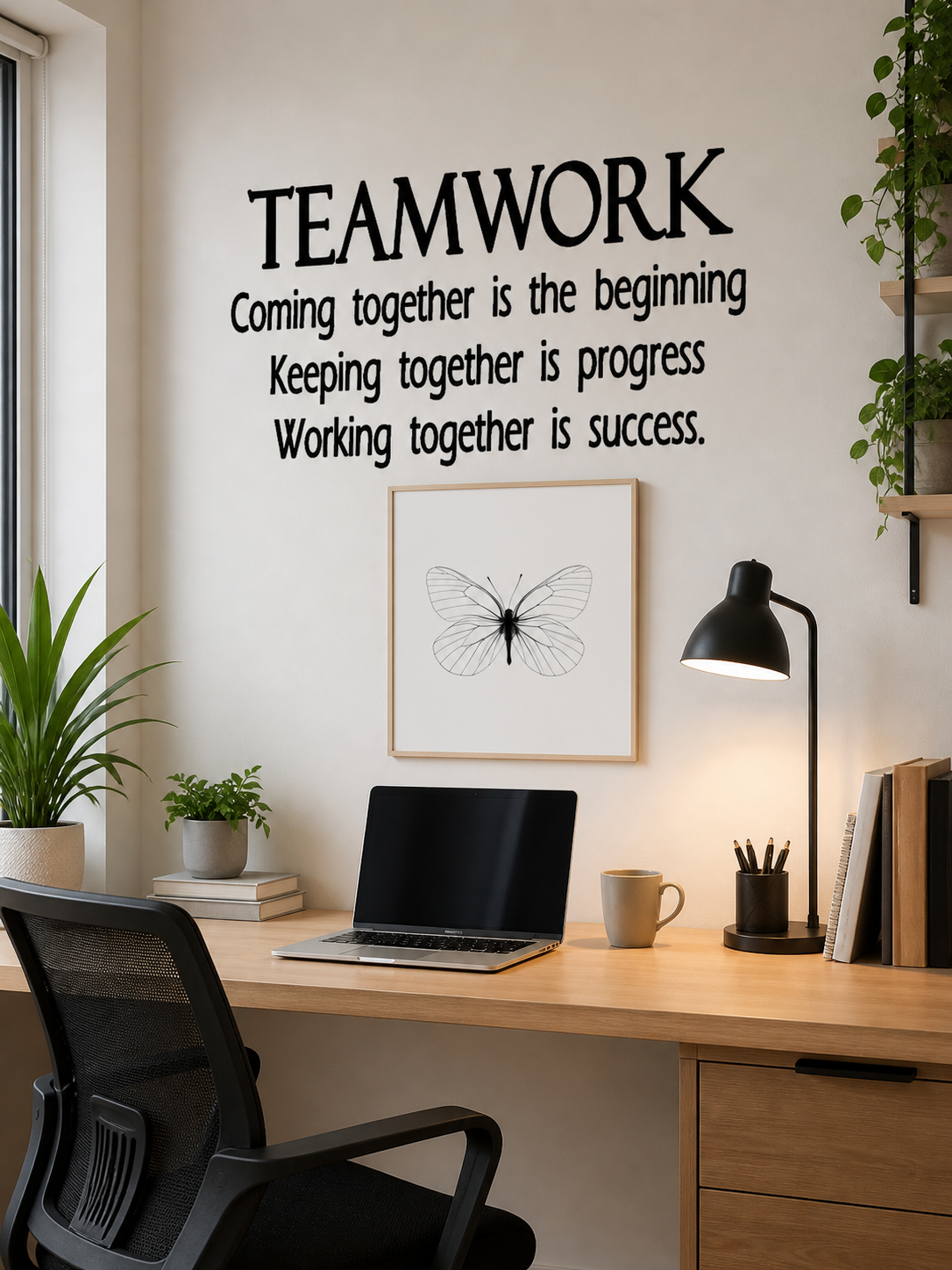Teamwork quote wall decal on neutral office wall – inspirational vinyl wall art
