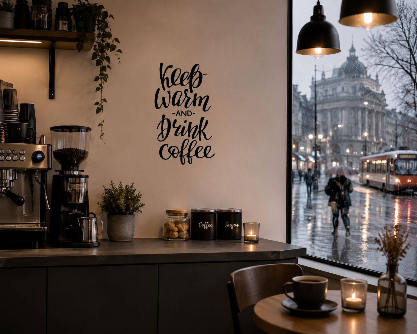 Keep Warm and Drink Coffee removable wall decal displayed above a coffee station in a cosy café-style kitchen