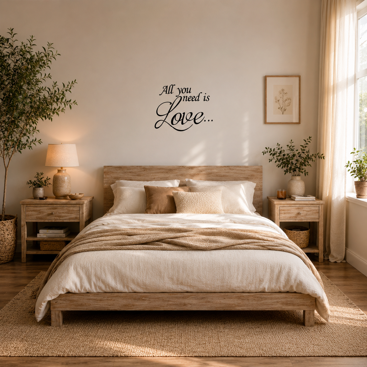 All You Need Is Love removable vinyl wall decal displayed above a bed in a stylish bedroom setting.