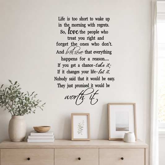 Life Is Too Short for Regrets removable black vinyl wall decal quote displayed above dresser in modern neutral home interior