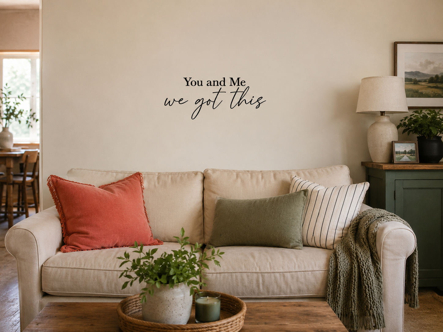A beautiful removable vinyl wall decal featuring the uplifting quote “You and Me we got this” in elegant modern script — perfect for creating a warm and welcoming home atmosphere.
