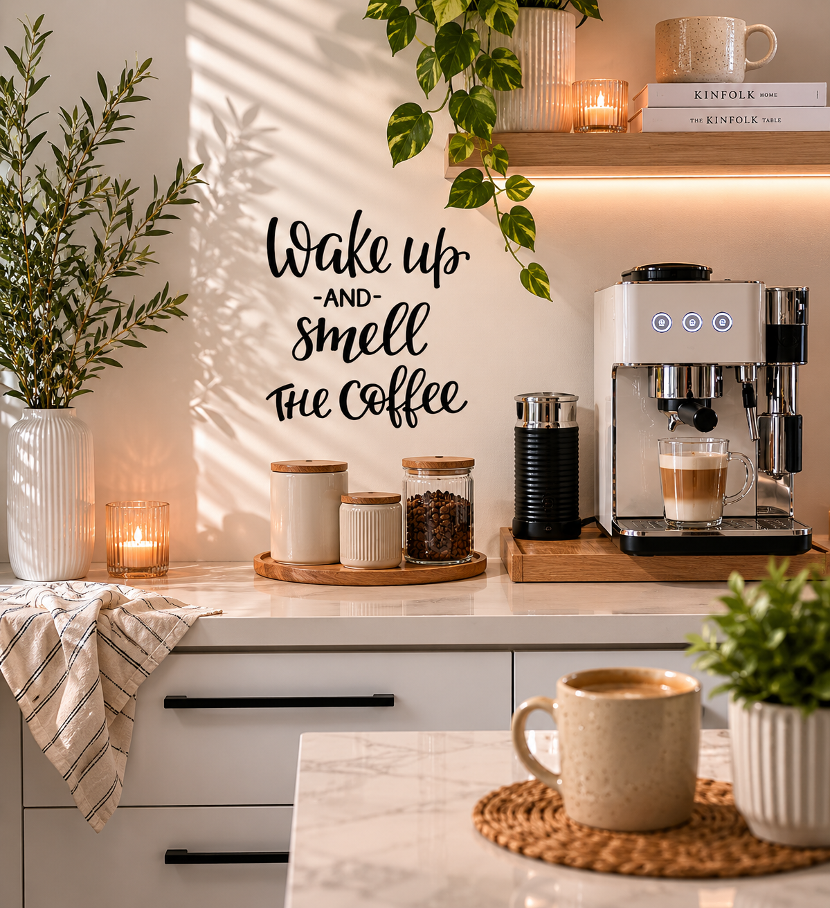Wake Up and Smell the Coffee removable wall decal displayed above a coffee station in a modern kitchen
