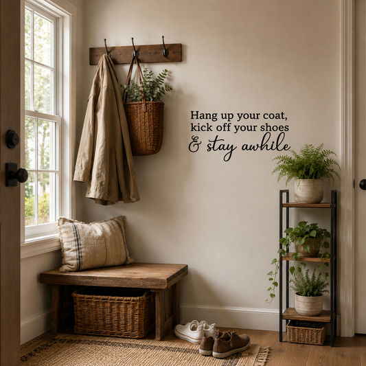 Hang Up Your Coat Kick Off Your Shoes & Stay Awhile wall decal in modern neutral entryway hallway