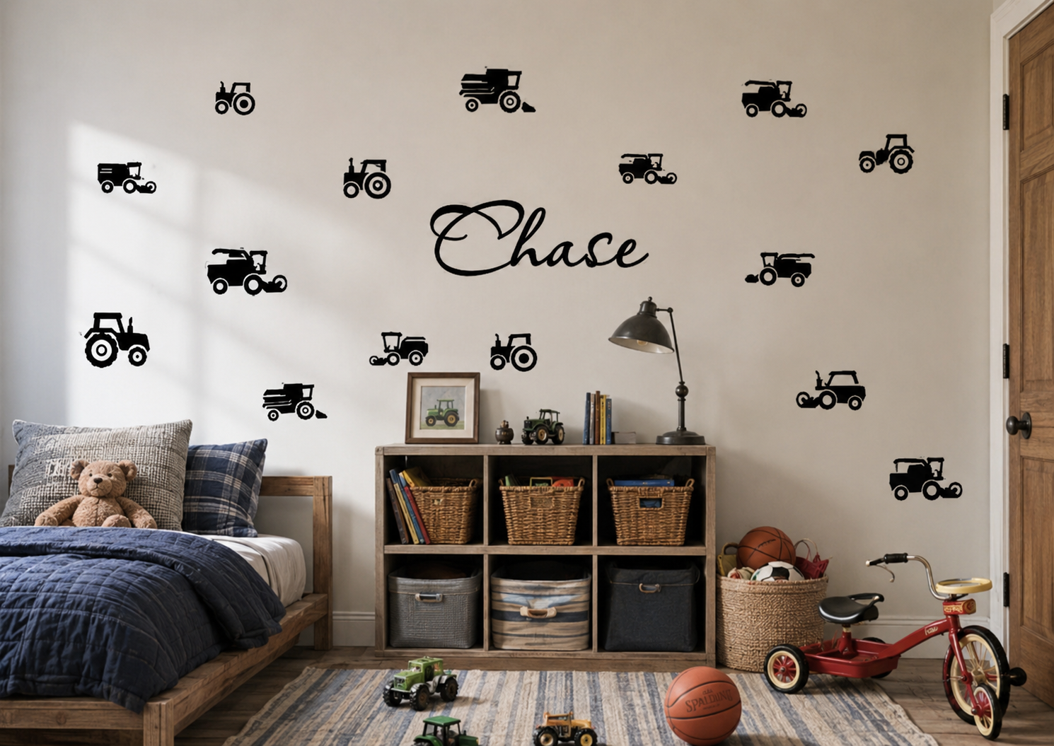 Personalised boys name wall decal with tractor and truck wall stickers displayed in a casual boys bedroom