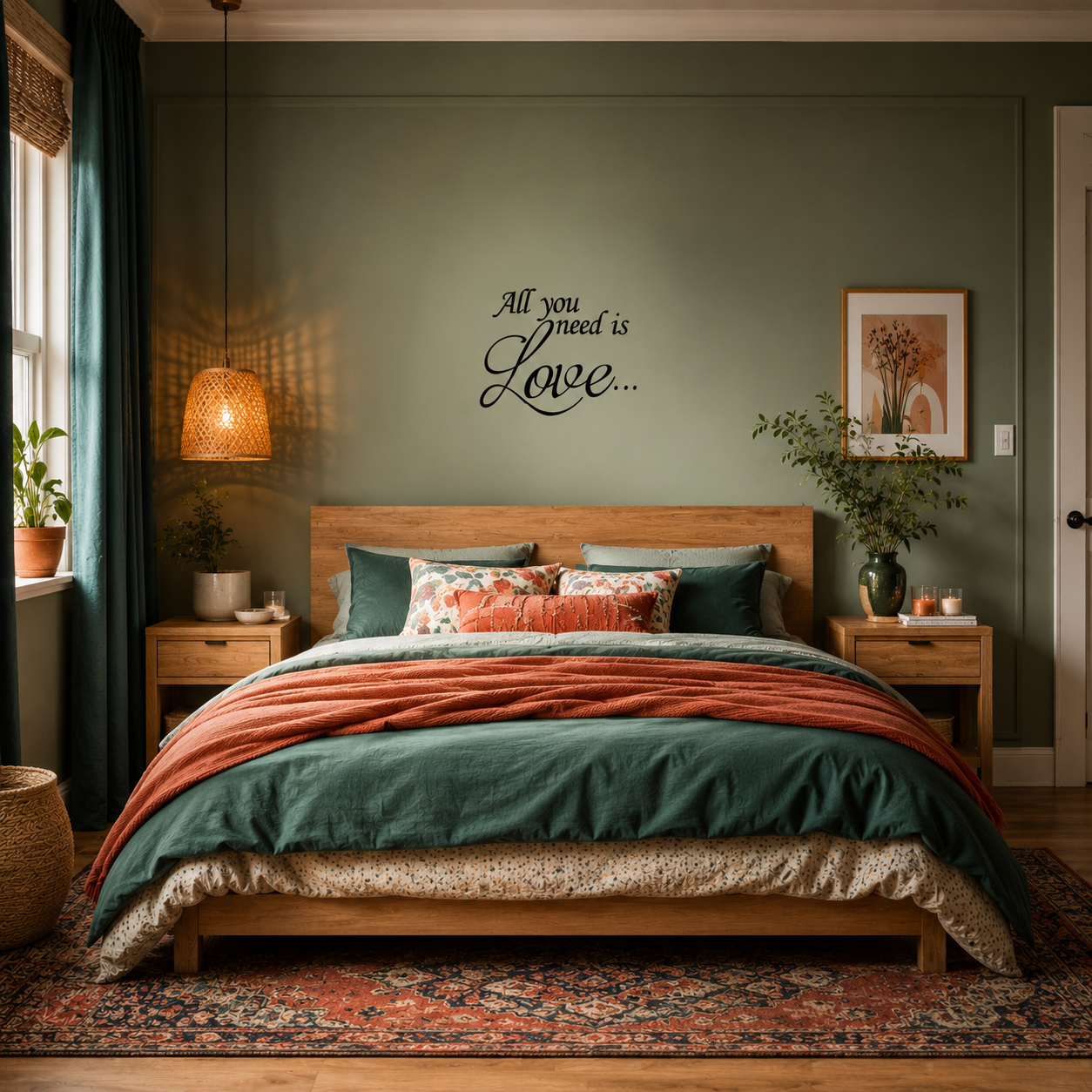 All You Need Is Love removable vinyl wall decal displayed above a bed in a stylish bedroom setting.