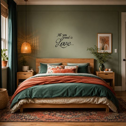 All You Need Is Love removable vinyl wall decal displayed above a bed in a stylish bedroom setting.