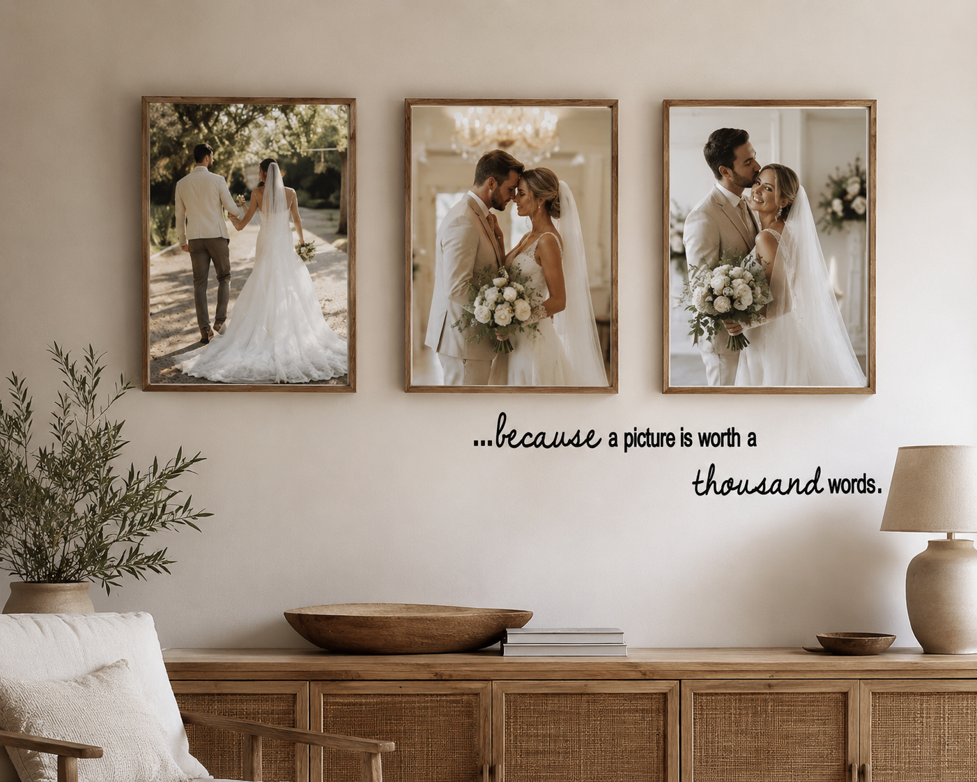 Because a Picture is Worth a Thousand Words removable wall decal above a family photo gallery wall in a warm neutral modern home with wooden frames.