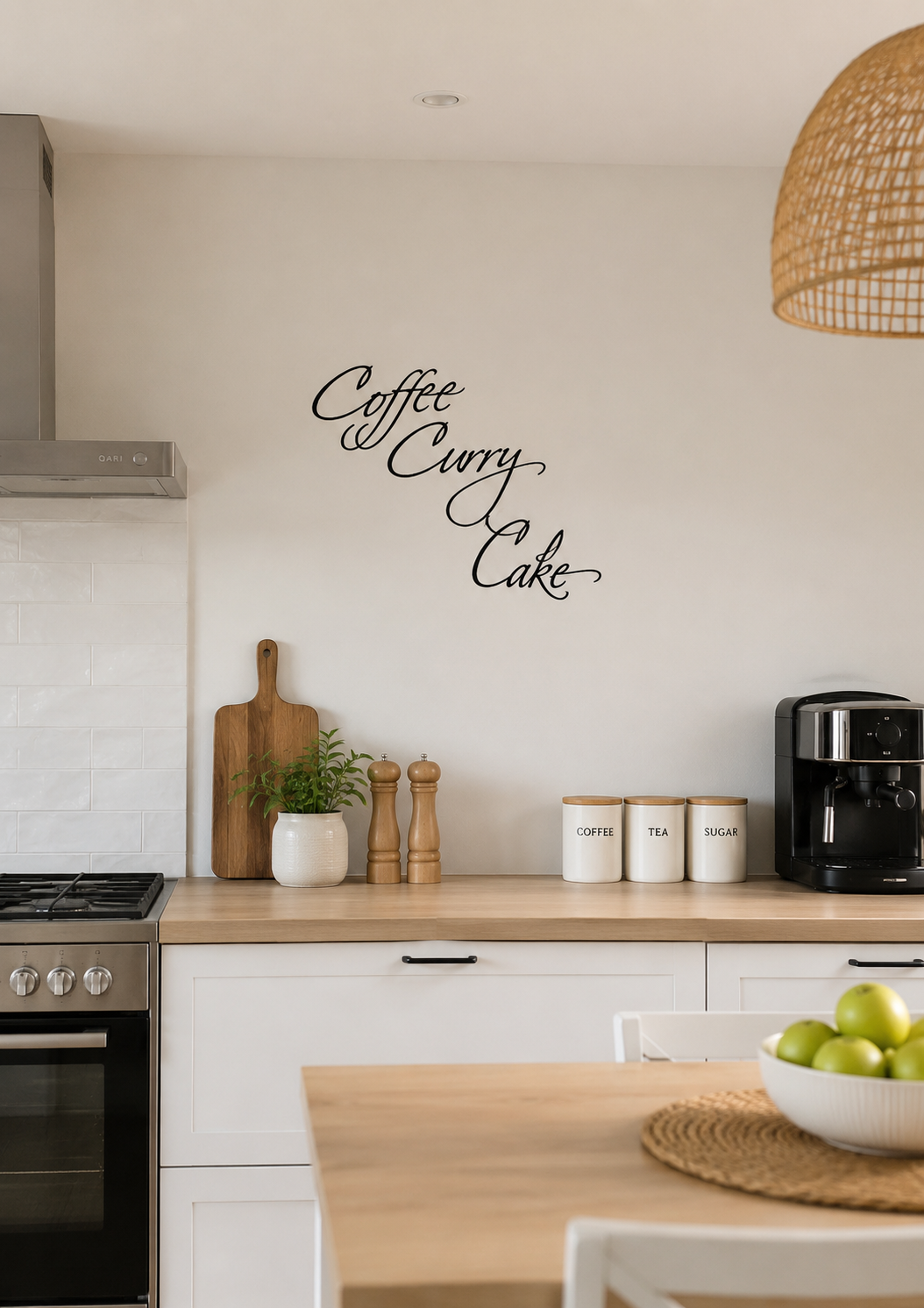 Coffee Curry Cake removable wall decal in elegant black script displayed in a modern Australian kitchen above a wooden benchtop and coffee station.