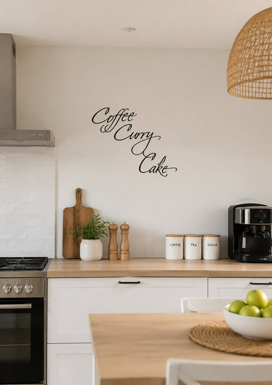 Coffee Curry Cake removable wall decal in elegant black script displayed in a modern Australian kitchen above a wooden benchtop and coffee station.