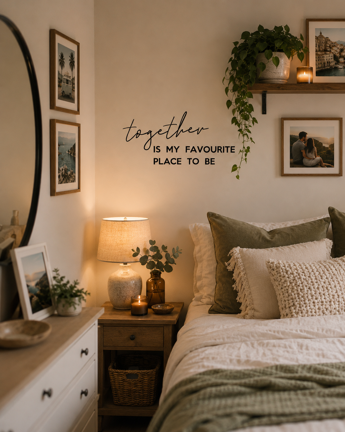 Together Is My Favourite Place removable wall decal displayed on a living room wall surrounded by travel photos and family memories.