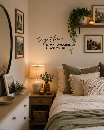 Together Is My Favourite Place removable wall decal displayed on a living room wall surrounded by travel photos and family memories.