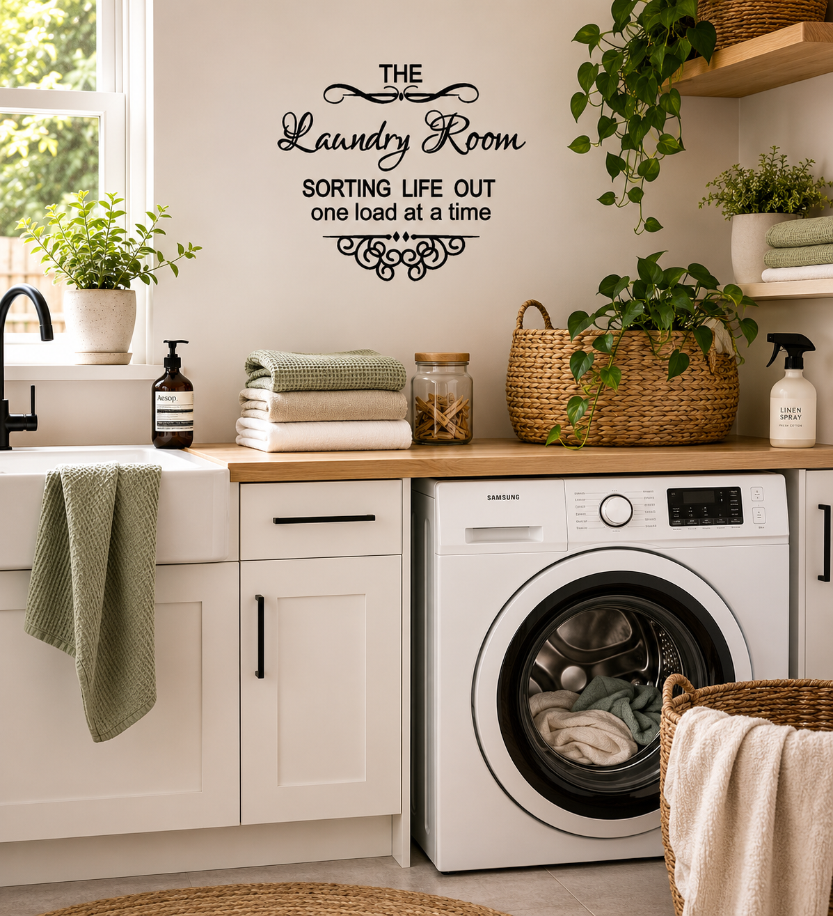 The Laundry Room removable wall decal displayed in a stylish modern laundry room interior.
