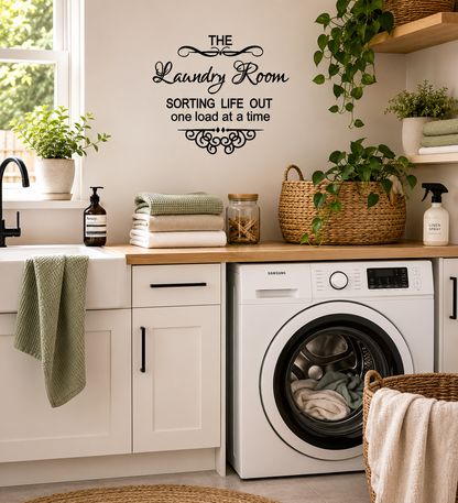 The Laundry Room removable wall decal displayed in a stylish modern laundry room interior.