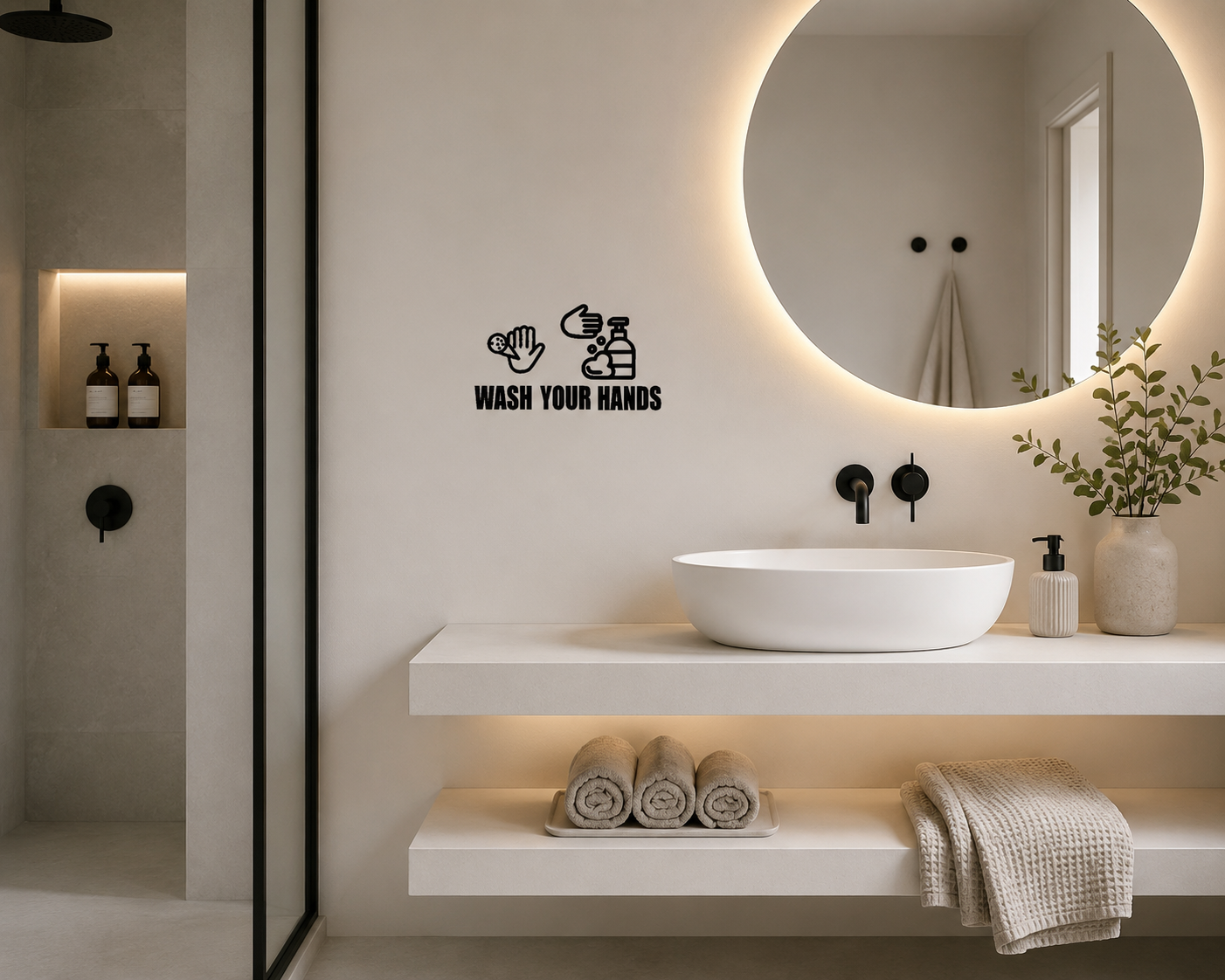 Modern bathroom with a sink, mirror, and decorative elements. wash your hands wall decal, bathroom wall decal, bathroom wall sticker, removable wall decal, bathroom quote decal, sink wall decal, bathroom decor australia, modern bathroom wall art, bathroom vinyl decal