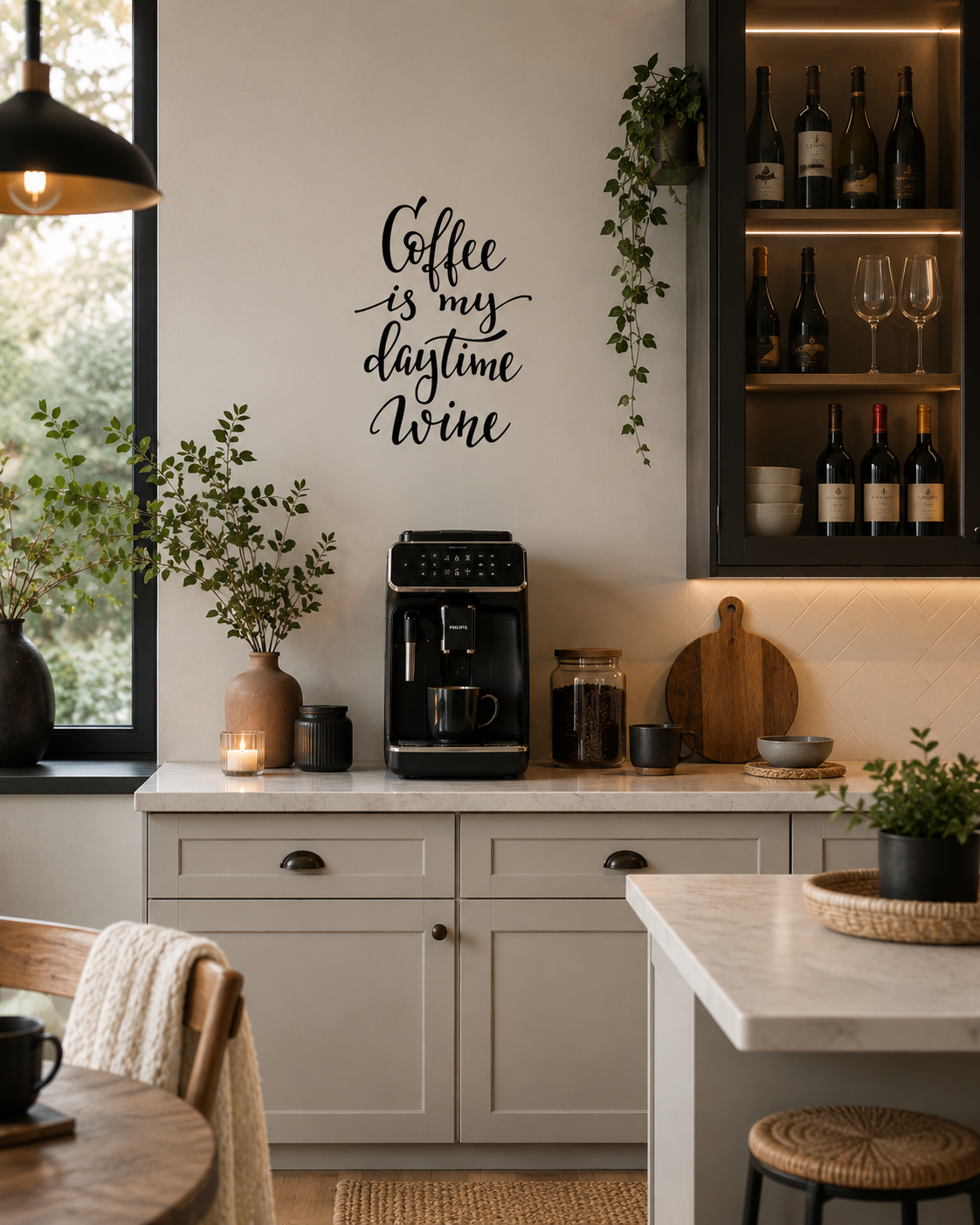 Coffee Is My Daytime Wine removable wall decal displayed above a Philips coffee machine in a modern kitchen coffee station