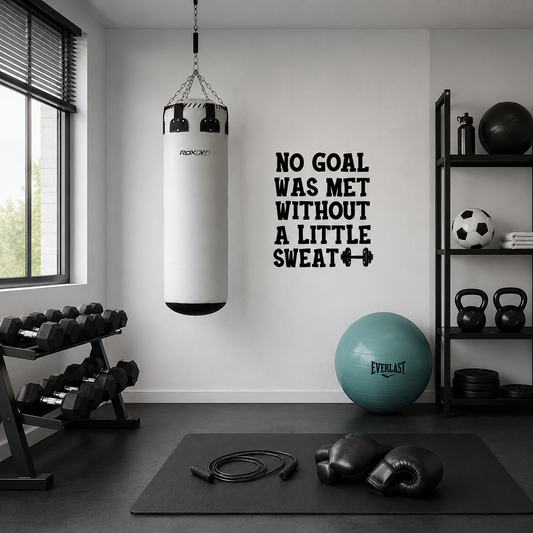 Gym interior with punching bag, motivational quote, and fitness equipment.
