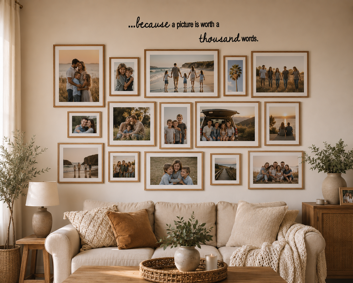 Because a Picture is Worth a Thousand Words removable wall decal above a family photo gallery wall in a warm neutral modern home with wooden frames.