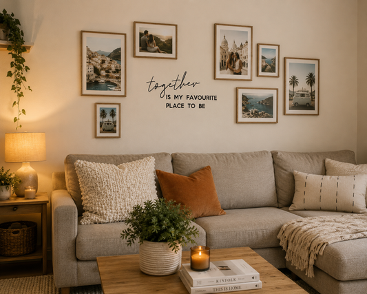 Together Is My Favourite Place removable wall decal displayed on a living room wall surrounded by travel photos and family memories.