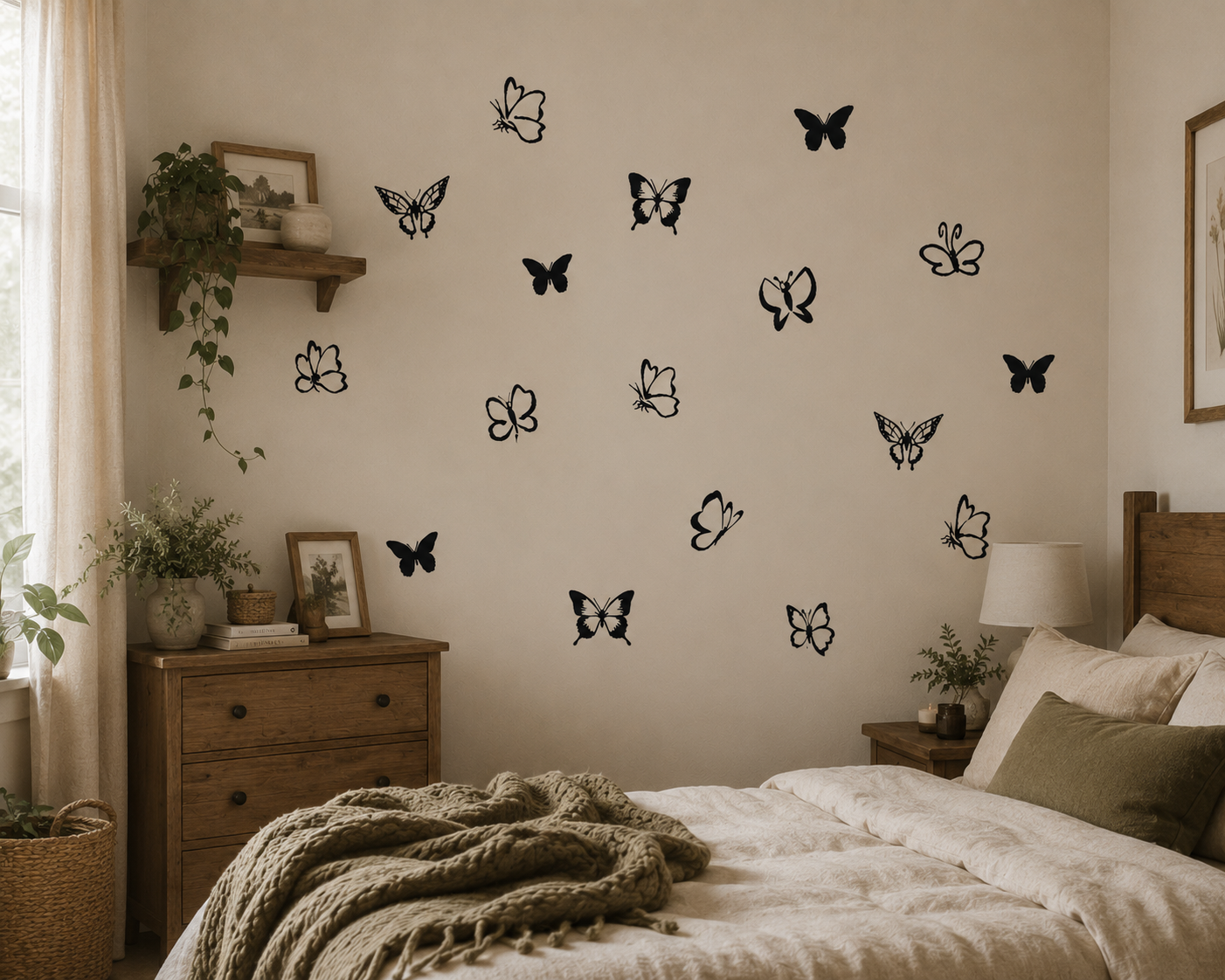 Black butterfly wall stickers scattered across a neutral bedroom wall in a cosy Scandinavian-style home.