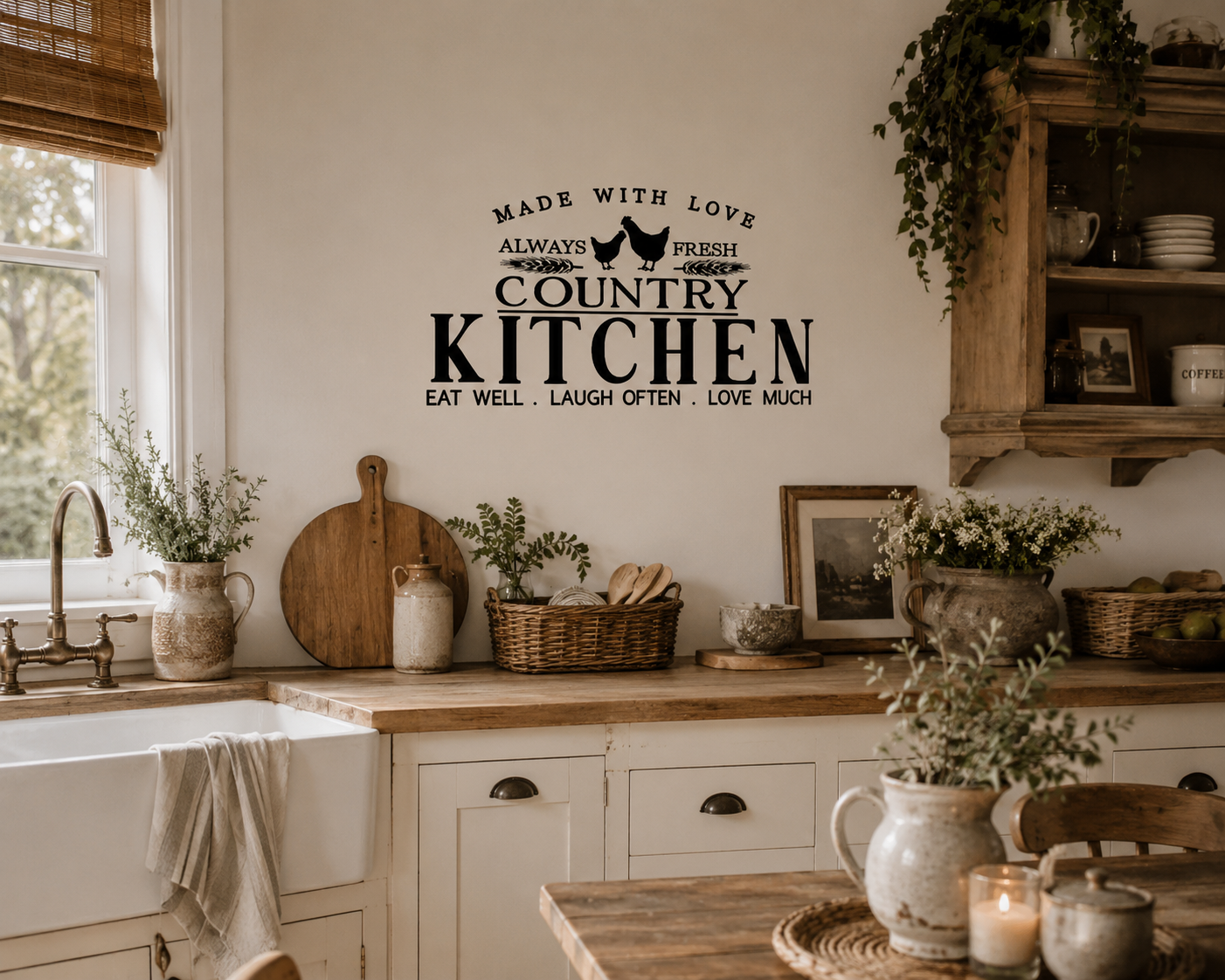 Black “Country Kitchen” wall decal displayed in a warm rustic farmhouse kitchen with timber benches, country décor and neutral styling.