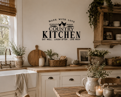 Black “Country Kitchen” wall decal displayed in a warm rustic farmhouse kitchen with timber benches, country décor and neutral styling.