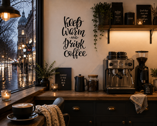 Keep Warm and Drink Coffee removable wall decal displayed above a coffee station in a cosy café-style kitchen