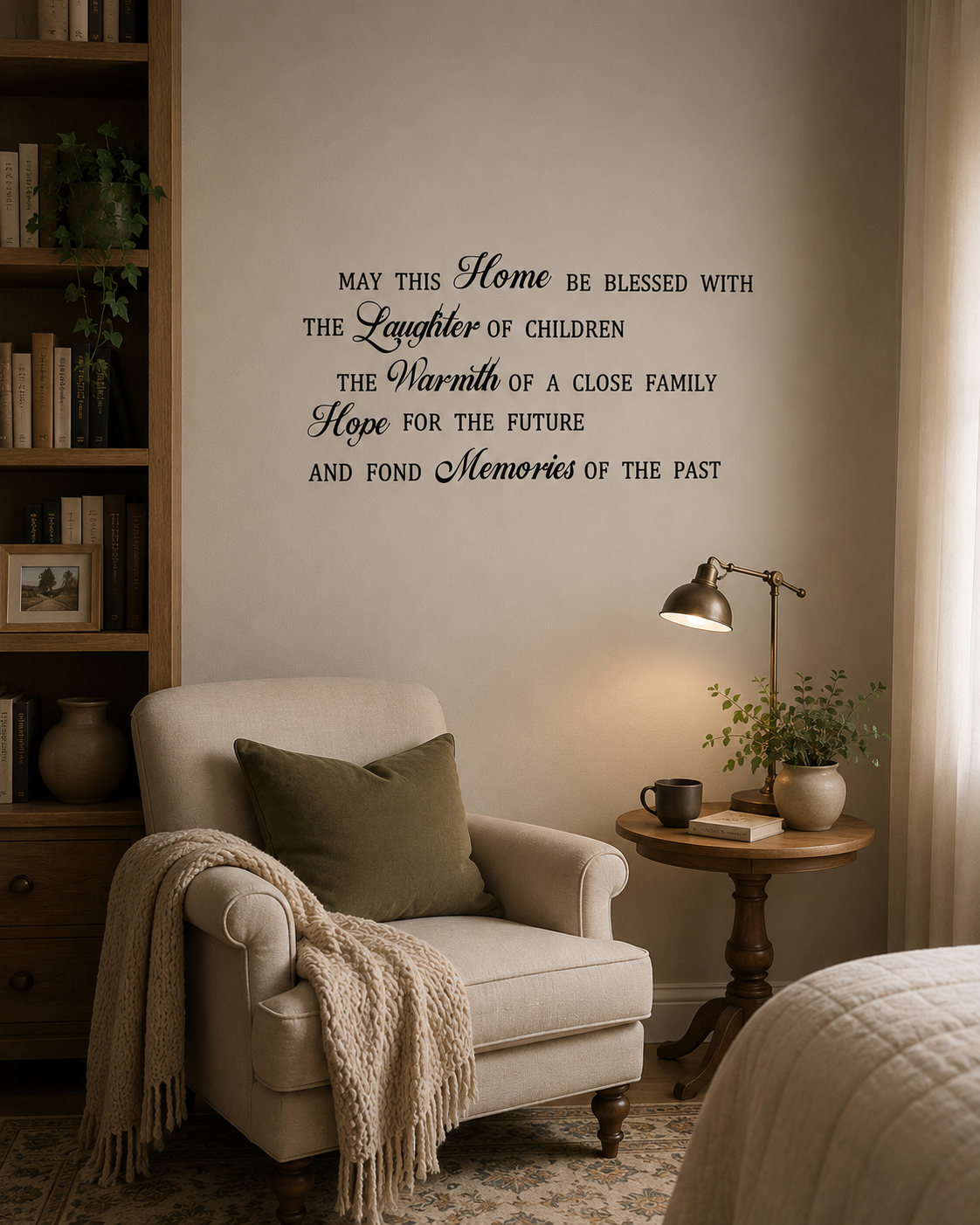 “Home Laughter Warmth removable wall decal in stylish typography for home décor, size 55cm x 100cm, easy apply vinyl wall quote for living room or bedroom”1