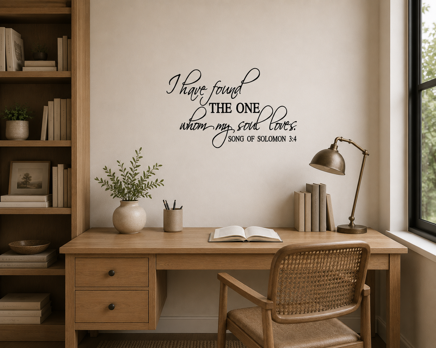 I Have Found The One Whom My Soul Loves removable wall decal displayed above a bedside table in a neutral bedroom setting.