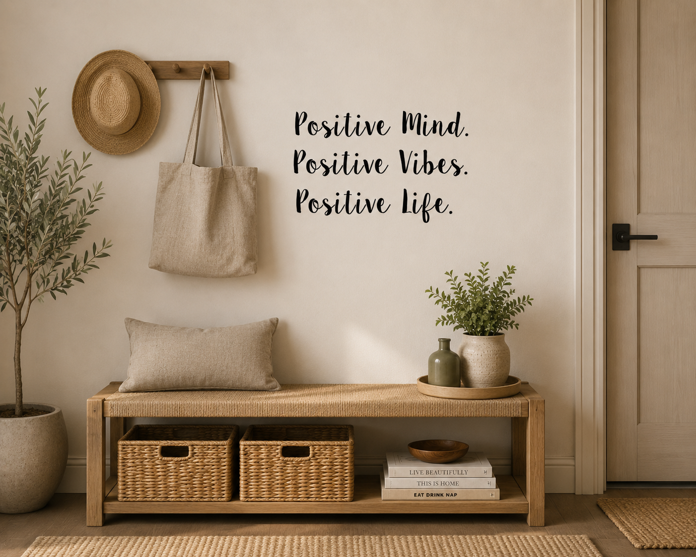 Positive Mind Positive Vibes Positive Life removable wall decal displayed above a timber entryway bench in a neutral modern home interior.
