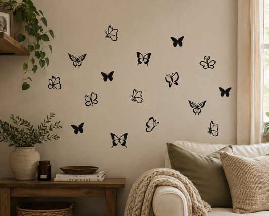 Butterfly wall decals on a beige wall with a sofa and table in the foreground. Black butterfly wall stickers scattered across a neutral bedroom wall in a cosy Scandinavian-style home.