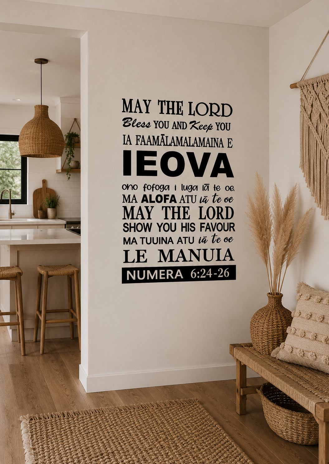 Samoan May the Lord Bless You wall decal in black vinyl featuring Numbers 6:24-26 scripture, displayed on a neutral wall in a modern home