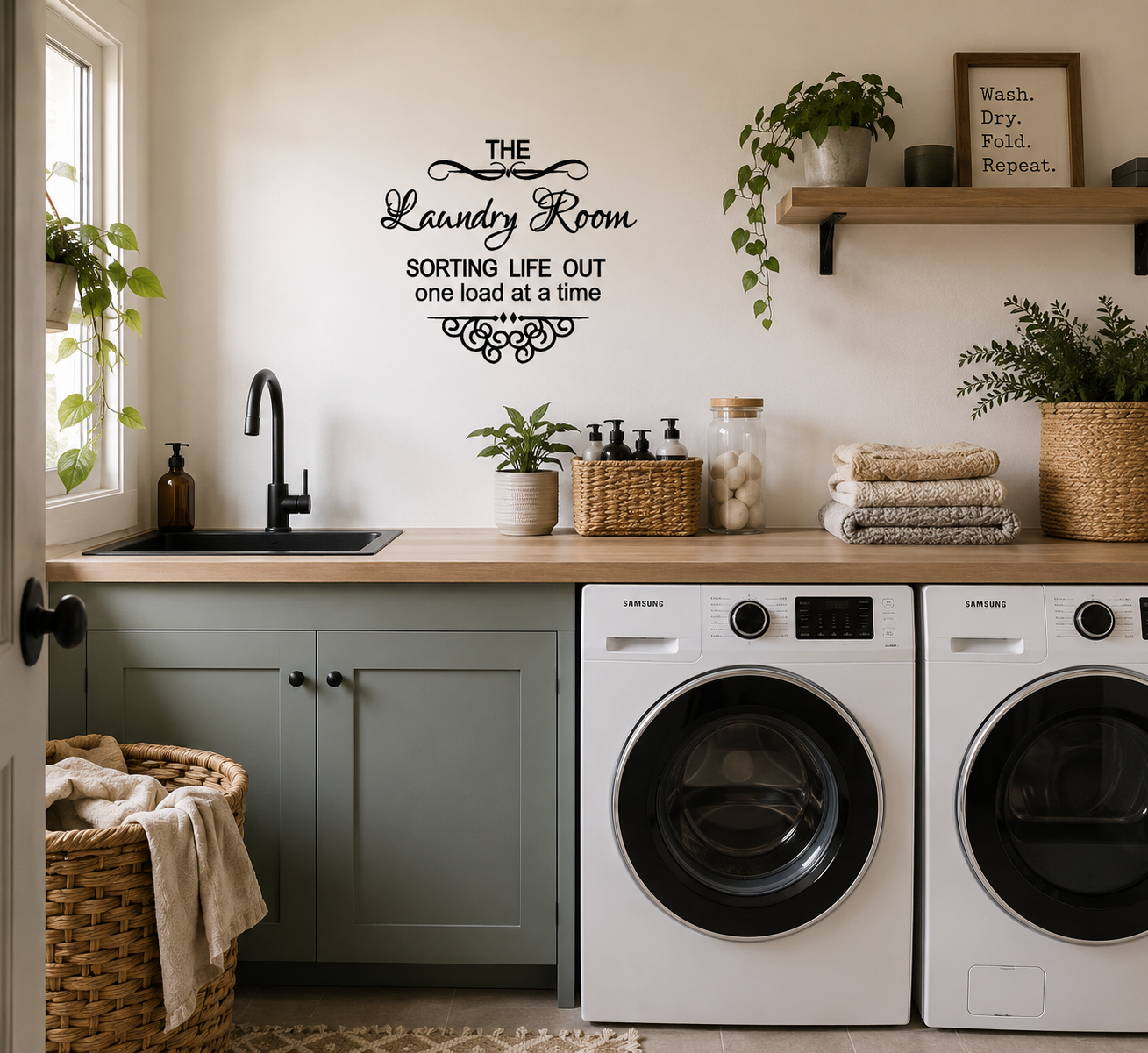 The Laundry Room removable wall decal displayed in a stylish modern laundry room interior.