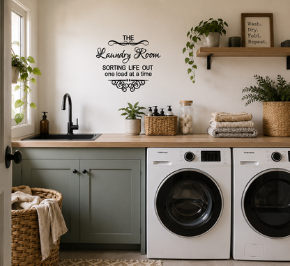 The Laundry Room removable wall decal displayed in a stylish modern laundry room interior.