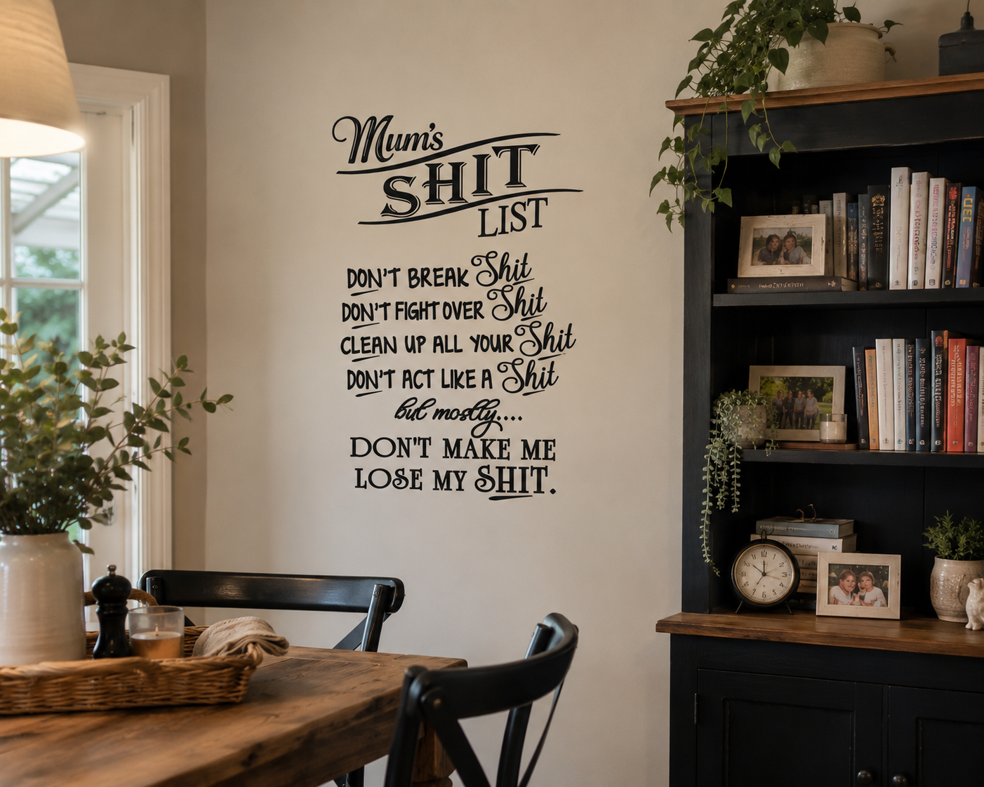 Mum's Shit List removable wall decal displayed in a home office featuring humorous typography wall art measuring 80cm x 55cm.