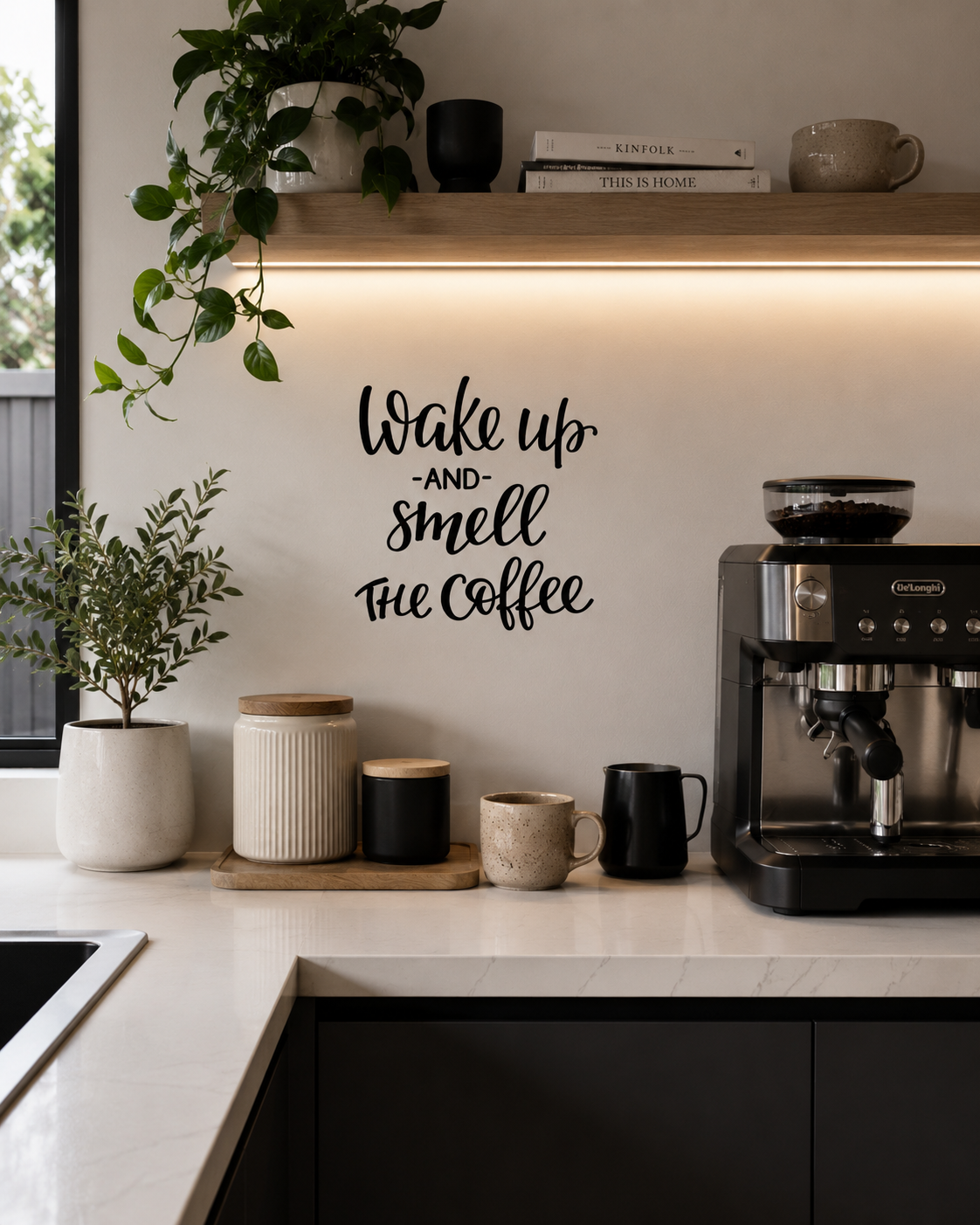 Wake Up and Smell the Coffee removable wall decal displayed above a coffee station in a modern kitchen