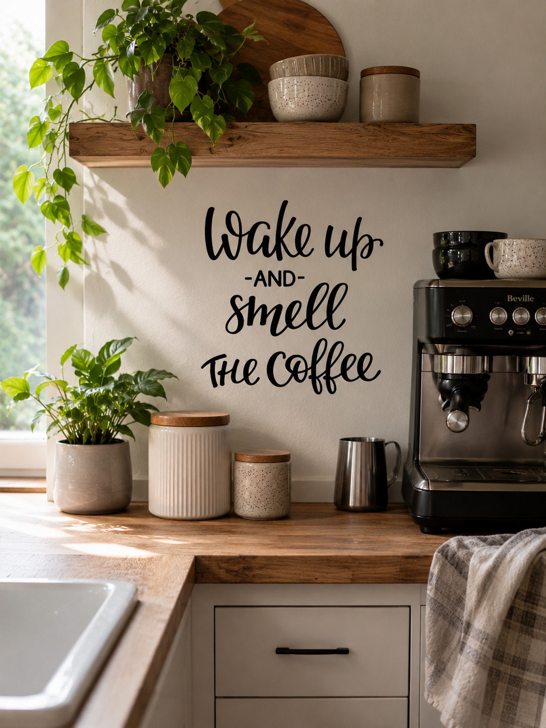 Wake Up and Smell the Coffee removable wall decal displayed above a coffee station in a modern kitchen
