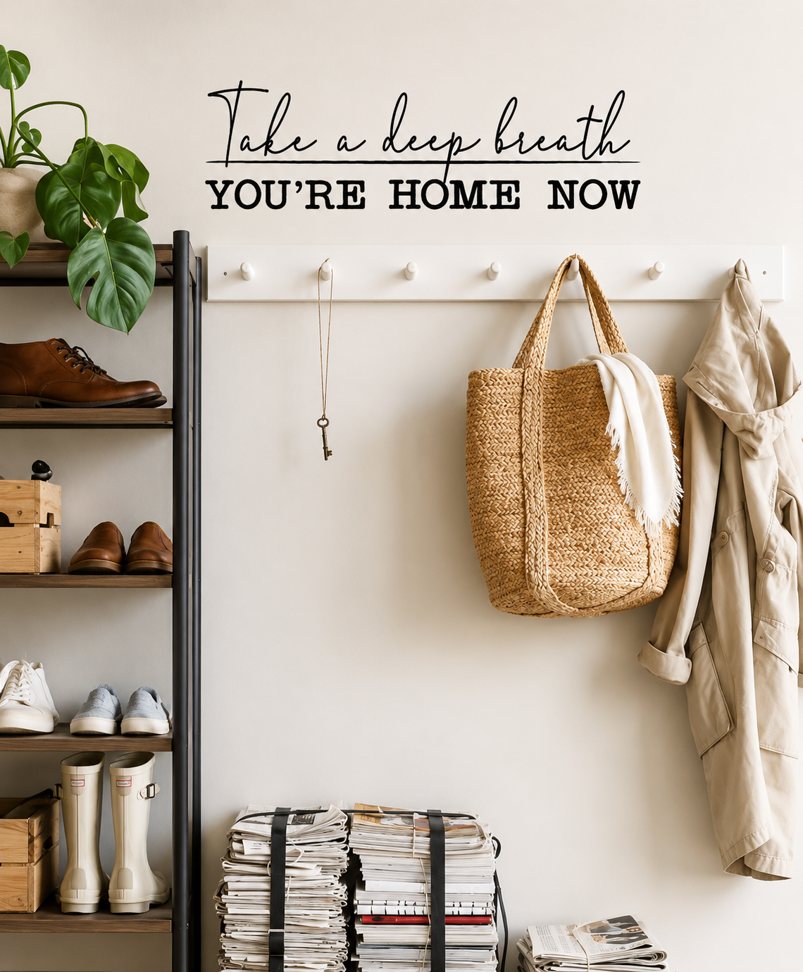 Take a Deep Breath You're Home Now removable black wall decal displayed in a modern home entrance hallway.
