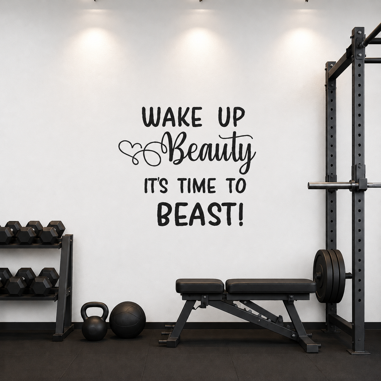 Black motivational “Wake Up Beauty It’s Time To Beast!” wall decal displayed in a modern white home gym with workout equipment.
