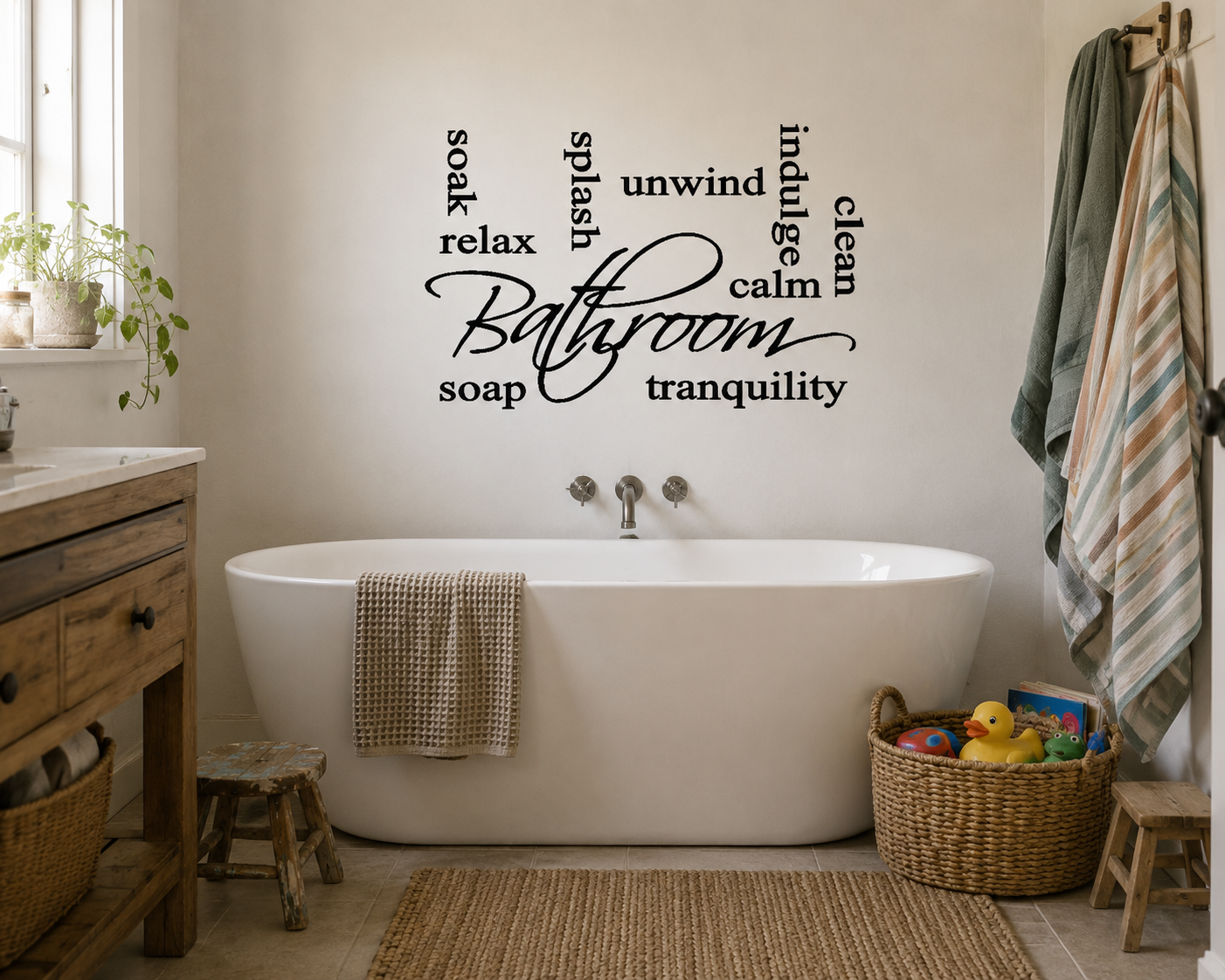 Bathroom with a freestanding bathtub, wooden vanity, and decorative wall text. Bathroom Relax Soak Unwind removable wall decal above bathtub in modern spa-inspired bathroom