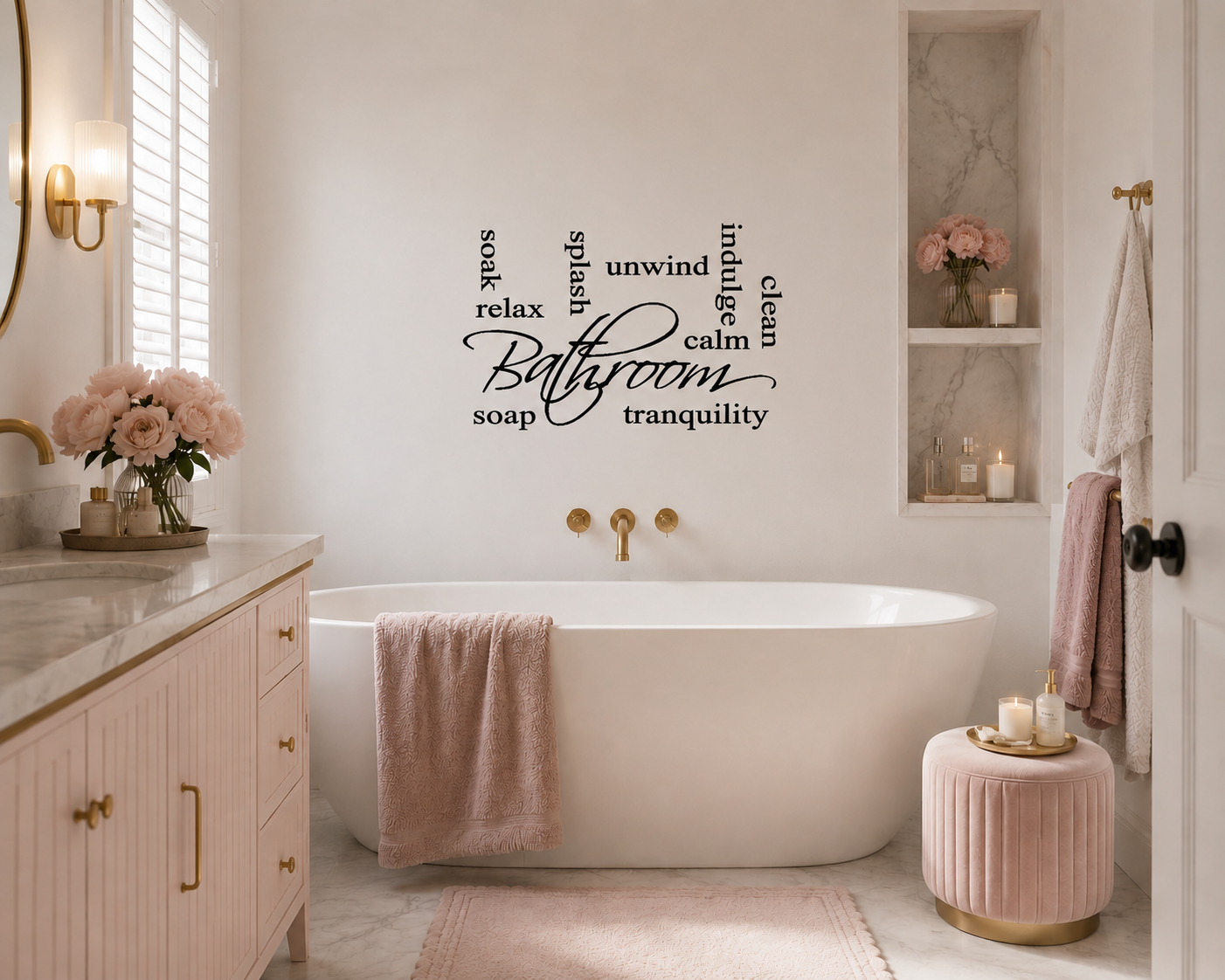 Bathroom Relax Soak Unwind removable wall decal above bathtub in modern spa-inspired bathroom