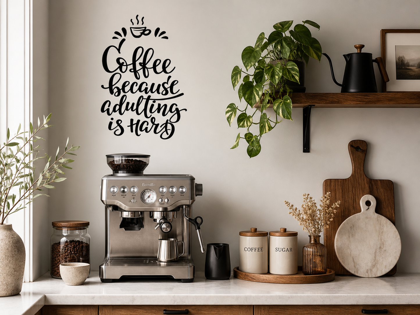 Coffee because adulting is hard for a kitchen wall or cafe Wall Decal Sticker Quote - Two Little Giggle