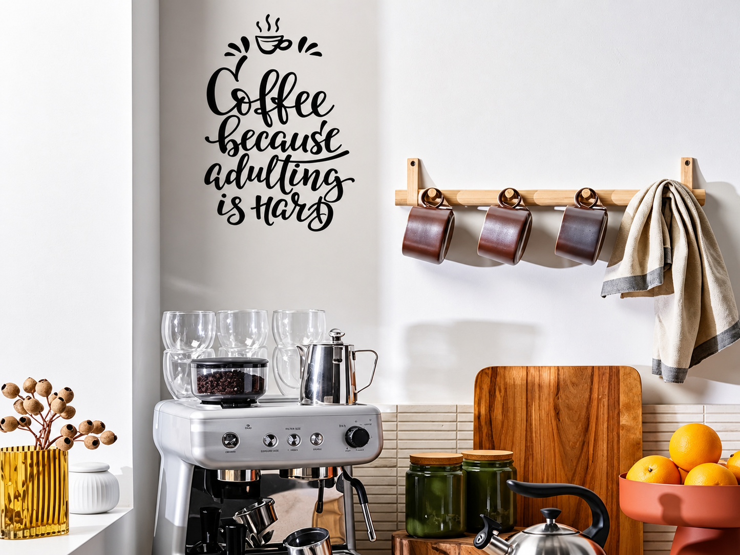 Coffee because adulting is hard for a kitchen wall or cafe Wall Decal Sticker Quote - Two Little Giggles