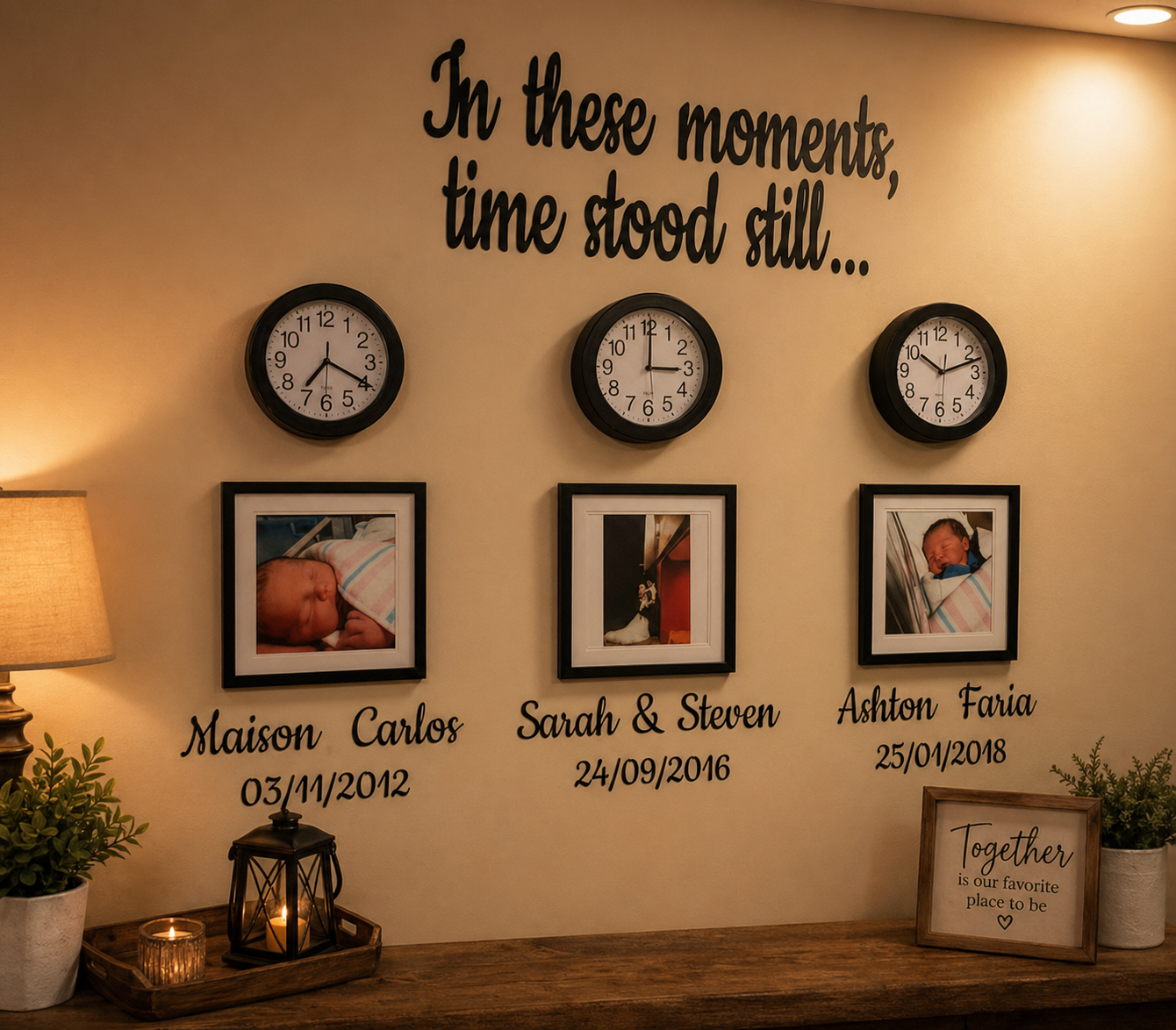 Personalised “In These Moments, Time Stood Still” wall decal. Removable vinyl, wall-safe, custom names & dates. Perfect for growing families & gifts.